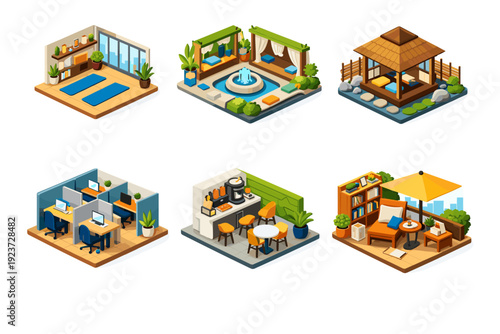 Urban retreat spaces. Isometric flat vector icons set of Urban retreat spaces: city yoga studio interior, wellness courtyard, tea garden