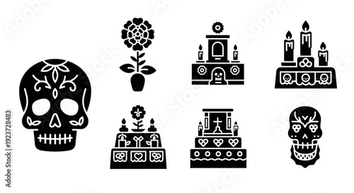 Bold dia de los muertos icons celebrating life and tradition in black and white silhouette