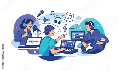 Online music collaboration. Artists work remotely with digital tools, notes and instruments