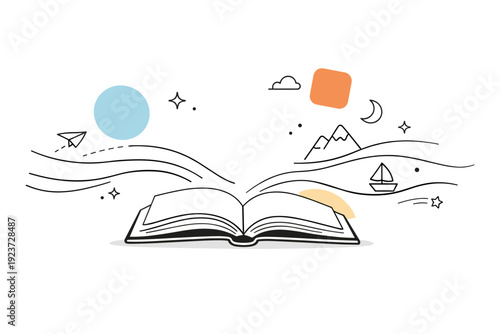 Unrushed storytelling. An open book with long flowing lines suggesting time and depth, calm narrative pace. Thoughtful editorial scene with