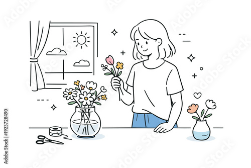 Women arranging flowers casually. A woman stands by a window, loosely holding flowers while choosing where to place them. Soft daylight and