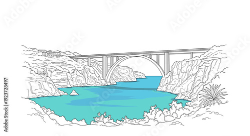 Coastal bridge linear art with cliffs and sea view