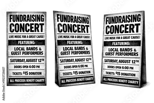 Fundraising concert flyer. A tall fundraising concert flyer featuring large title lettering and segmented details is shown from three