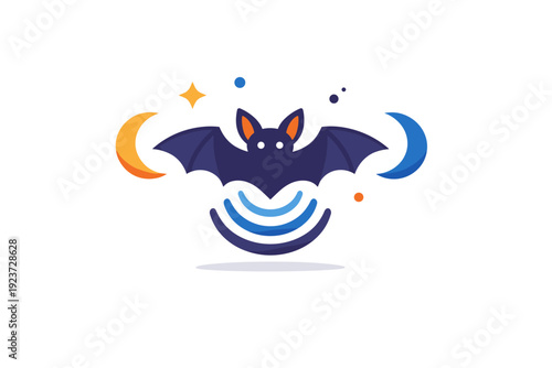 Night hunters showing a bat navigating space with sound wave icons and crescent moon shapes. A modern metaphor for echolocation, awareness, and movement in