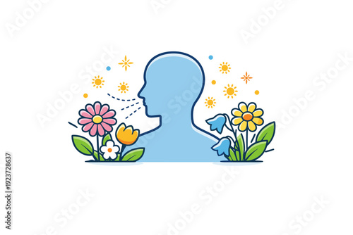 Spring allergy concept blooming flowers releasing subtle pollen symbols around a human silhouette, conveying the invisible triggers of