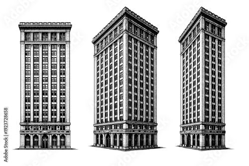 Skyscraper isolated historic office tower. A historic early 20th century office skyscraper with masonry facade, vertical pilasters, classic