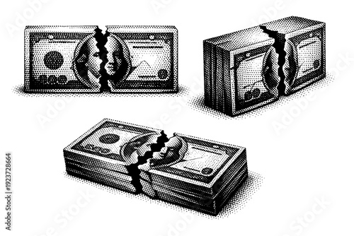 Economic crisis concept ? torn currency note block. A single torn currency note block object displayed in three views highlighting ripped