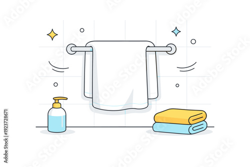 Towels drying quietly. Editorial bathroom view with clean tiles, towel folded over a minimalist bar, no people visible. Softness and routine in quiet