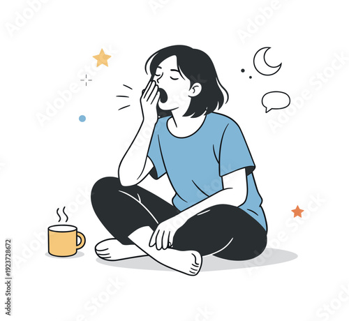 Yawning in Minimalist Style. People yawning unposed. A seated figure yawns quietly while looking away, body language loose and casual. Honest everyday fatigue