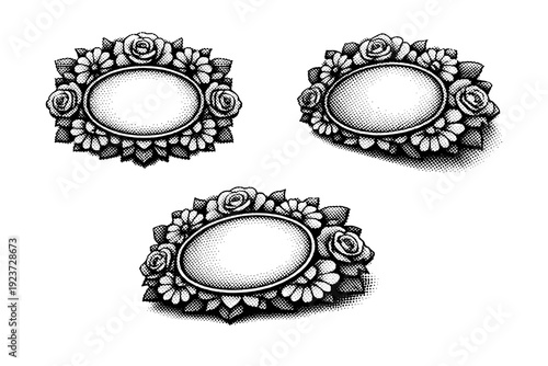 Halftone floral frame badge A decorative floral frame badge shown in straight-on view, tilted view, and three-quarter view with enclosed