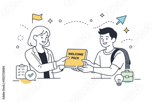 HR team onboarding new employee. A friendly HR professional handing welcome documents to a smiling new hire, abstract decorative shapes suggesting guidance and