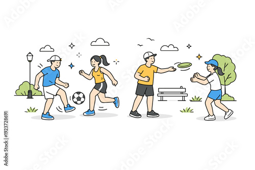 Casual summer sports moment. People kicking a ball or tossing a frisbee outdoors, simple park elements in the background. Playful movement