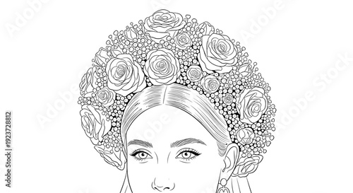 Intricate floral headpiece line art for coloring and design projects