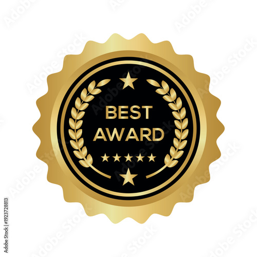 Luxury Gold Best Award Badge with Laurel Wreath and Five Star Rating Emblem on Black Background