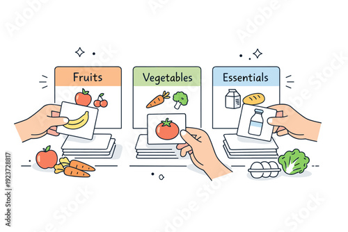 Organized Grocery Planning. Grocery planning. Hands sorting grocery items into categories like fruits, vegetables, and essentials using simple cards. Clear