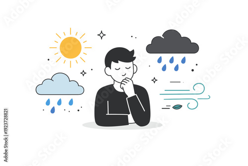 Weather as mood. Abstract editorial scene with a human figure surrounded by sun, clouds, rain, and wind symbols. Inner emotional states