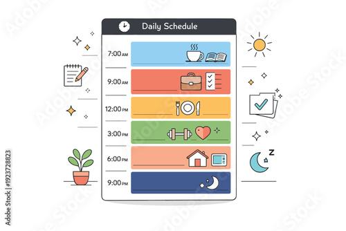 Time-blocking daily schedules. Abstract daily schedule with color-coded blocks representing tasks, goals, and personal time. The scene emphasizes order,