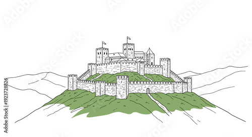 Medieval castle on hilltop in minimalist line art