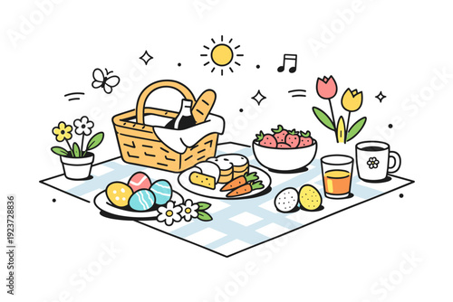 Easter outdoor dining ritual. Simple picnic setup with basket, eggs, and spring decor forming a balanced composition. Warm welcoming mood
