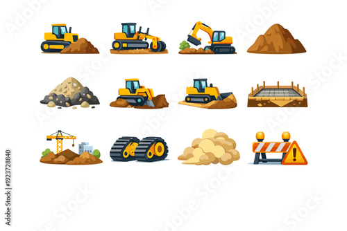 Earthmoving. Colorful flat vector icons set of earthmoving: pushing soil, leveling ground, clearing land, dirt mound, gravel spread, trench