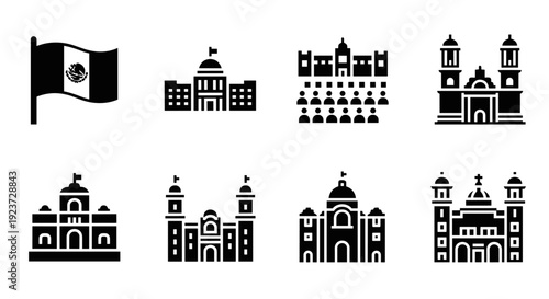 Icon set of mexican flag and historic government buildings in silhouette style