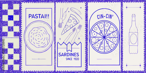 Vintage style labels depict pasta sardines pizza and a wine bottle