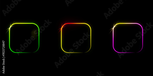 A set of two-color square frames with rounded corners. Neon glow effect. 3D vector illustration on a transparent background.