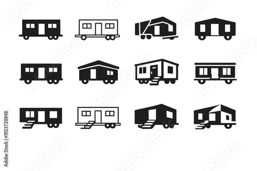 Temporary site office trailer. Icon set. Set Logo of Temporary site office trailer: portable office container. harmonious logo variations of the same