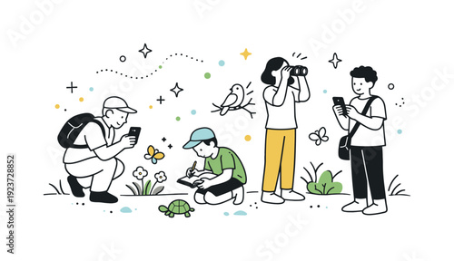 Community biodiversity walk. People explore a local park with notebooks and smartphones, observing plants and animals, abstract floating dots