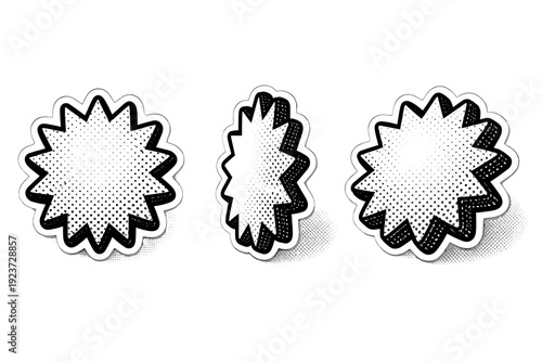 Black and white sticker object of a starburst badge with thick outline and inner volume shown from front view, side view, and three-quarter