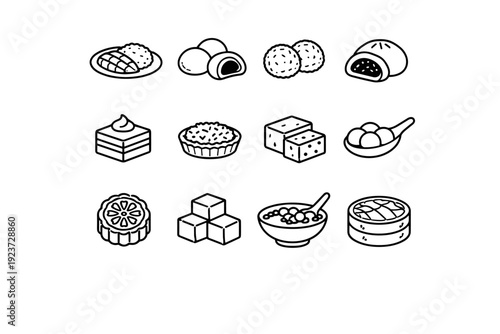 Asian Sweets. Line icon set of Asian Sweets: mango sticky rice, mochi ball, sesame rice cake, red bean bun, green tea dessert, coconut tart,