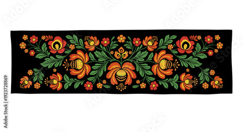 Floral pattern banner with colorful folk art design on black background