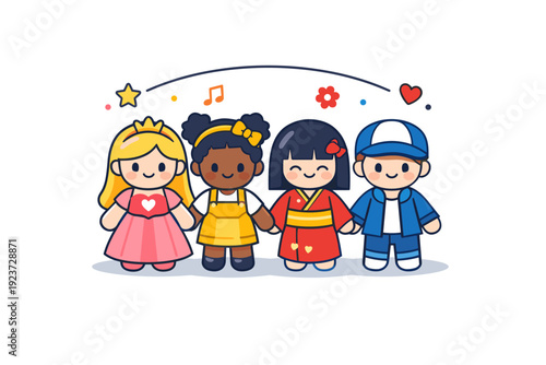 Diverse Doll Collection. Doll collection diverse dolls standing side by side with subtle decorative accents, conveying variety, identity and creative