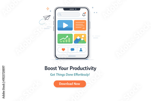 Mobile app ad layout. Vertical composition showing a smartphone mockup with interface blocks and short promotional text. Modern, approachable