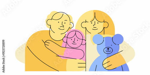 A family embraces including parents a child and a teddy bear