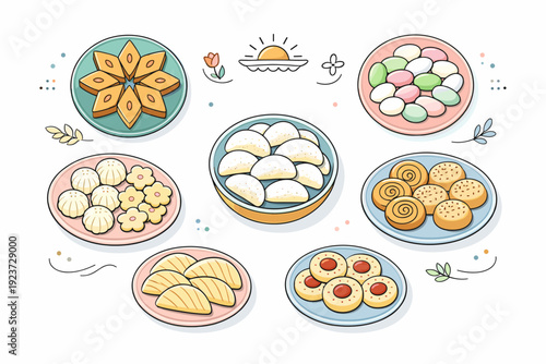 Persian Nowruz sweets flat lay. Plates of pastries, cookies, and sugar-coated treats placed symmetrically with plenty of white space.