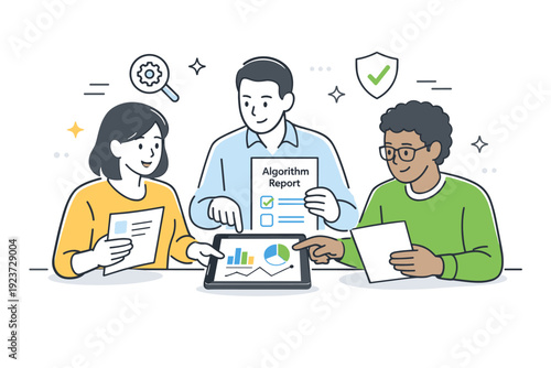 Algorithm accountability. A team reviewing an algorithm decision report together, exchanging documents and pointing at charts on a tablet. Calm collaboration