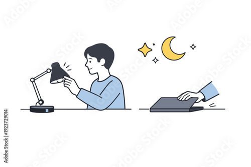 Night routine. Person gently turning off a desk lamp and closing a laptop, evening calm with moon and star icons appearing nearby. Slow transition into rest