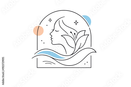 Symbolic elegance of womanhood. Female profile formed with minimal lines, gently flowing into a flower or wave, framed by delicate shapes.