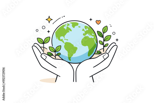 Protect the planet concept. A pair of hands gently holding the Earth with small plants growing around, expressing care and responsibility. Calm and hopeful