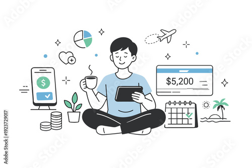 Personal finance ? financial wellbeing. A person feeling relaxed while managing money digitally, showing balance between life and finances.
