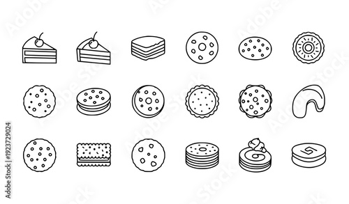Flat dessert and sweet food line icon collection with cake, cupcakes, and pastries isolated on transparent background