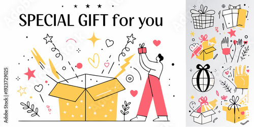 A special gift is revealed from a yellow open box with festive doodles