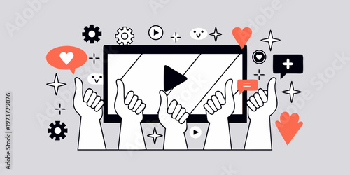 Hands reaching for a tablet displaying a play button with surrounding icons