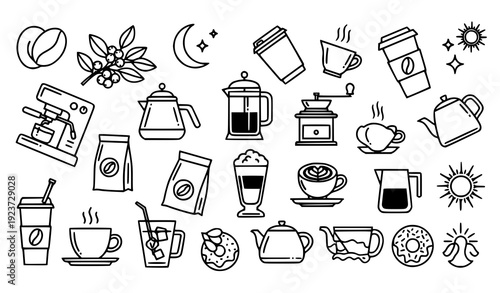 Decorative coffee and beverage line icon collection with cups, drinks, and machines isolated on transparent background