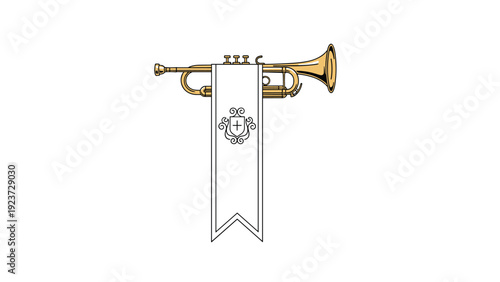 Elegant golden trumpet adorned with a decorative white banner, symbolizing music, celebration, and ceremonial announcements.