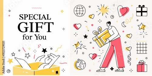 A special gift is presented with celebratory doodles and illustrations