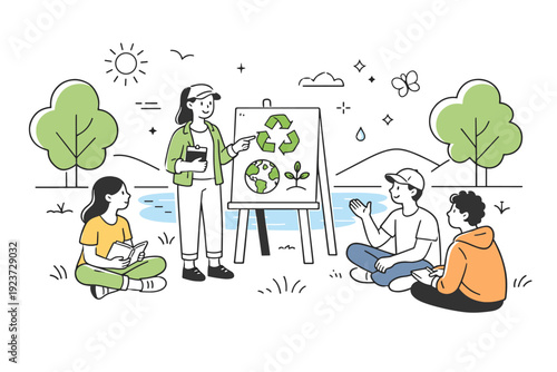 Environmental education outdoors. A calm editorial scene of learners discussing ecology concepts near trees, water, or hills. The
