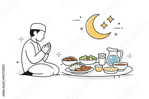 Serene Iftar Anticipation. Peaceful moment before iftar. A person quietly sitting by the iftar table with hands in lap or in prayer position, waiting for