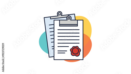 Two clipboards holding documents, one with an official wax seal, suggesting legal papers, contracts, or certifications, on a colorful background.